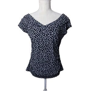 White House Black Market Women's Polka Dot V Neck/Back Cap Sleeves Ruched Size M
